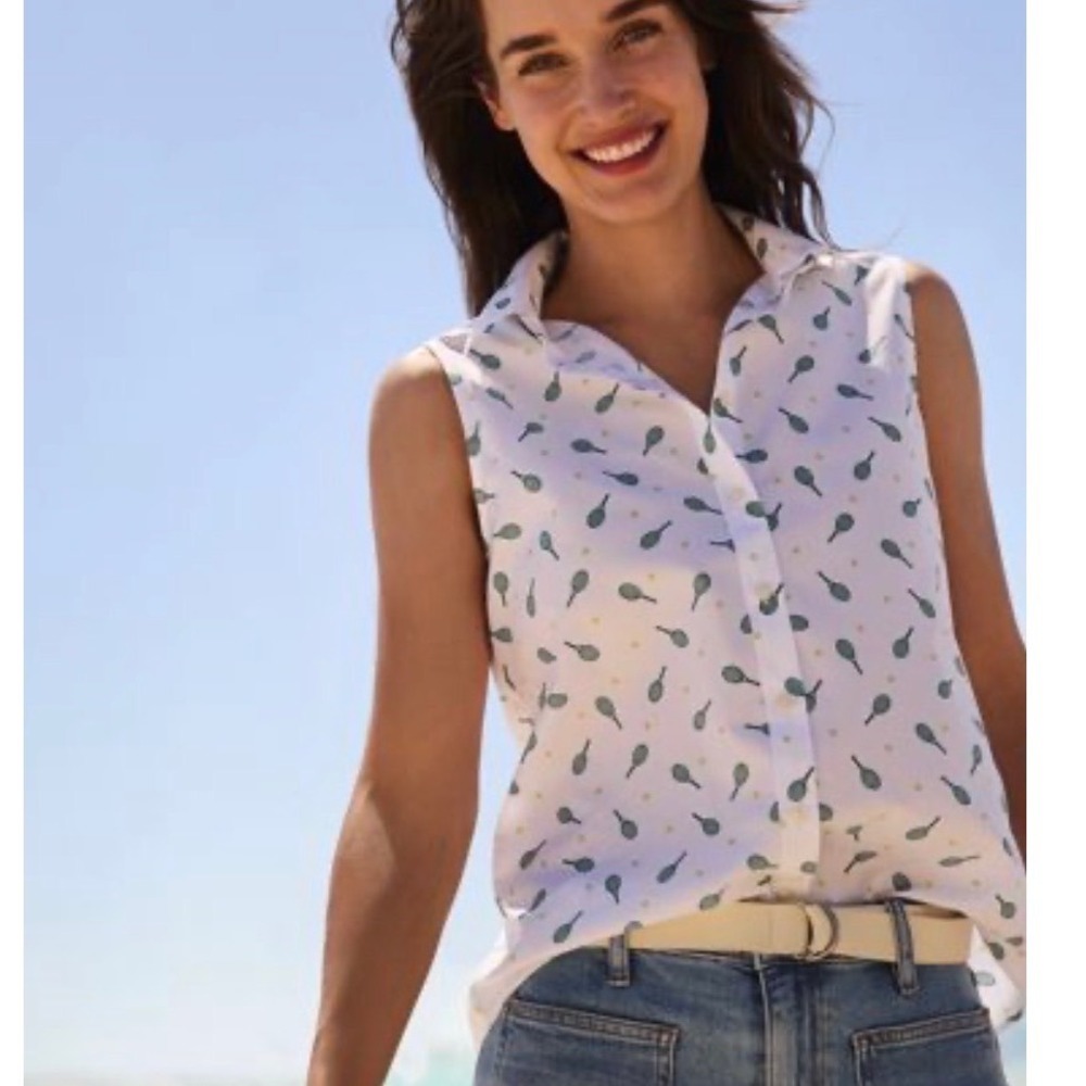 Lands End Womens Tennis Print Sleeveless No Iron Cotton Shirt White Medium 10-12